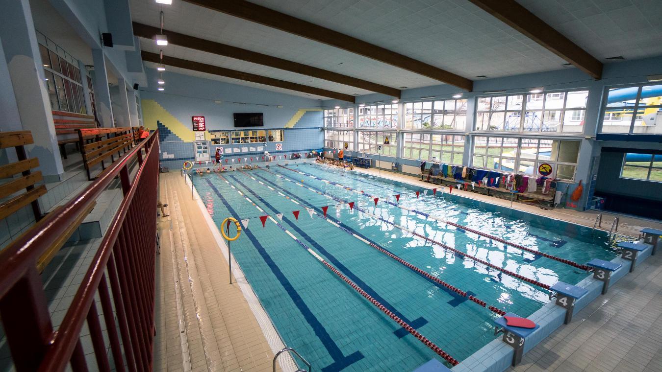 Nowoczesny basen z dużymi oknami.